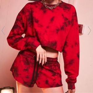 Current Mode Red and Black Tie Dye Cropped Long Sleeve Tee